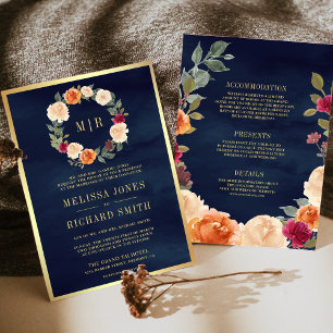 Invitation Couronne florale terreuse tout-en-un mariage Navy