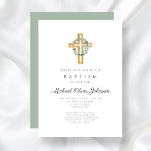 Invitation Couronne florale vert sauge croix religieuse baptê