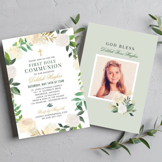 Invitation Couronne florale verte sage pour fille de première