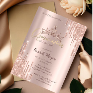 Invitation Couronne goutte pailletée or rose chic pour Quince