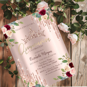 Invitation Couronne goutte, Roses Bourgogne Rose Gold Quincea