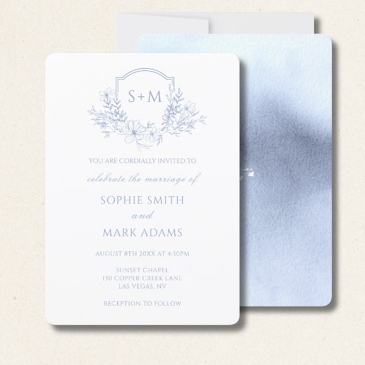 Invitation Couronne initiale de monogramme Fleurie Mariage Bl