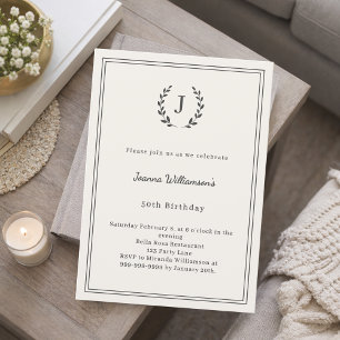 Invitation Couronne monogramme en charbon d'ivoire pour anniv