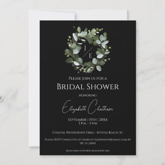 Invitation Couronne Monogramme Eucalyptus moderne | Black (Devant)