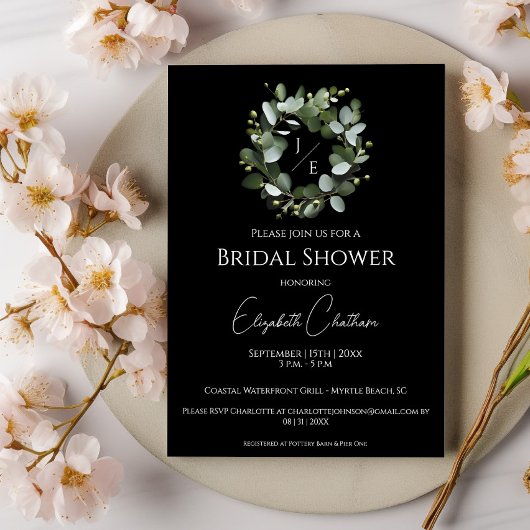 Invitation Couronne Monogramme Eucalyptus moderne | Black