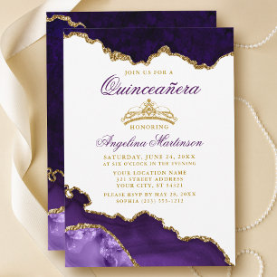 Invitation Couronne or en marbre pourpre Quinceanera