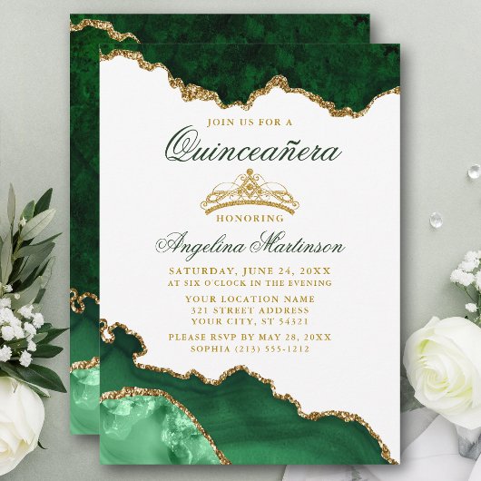 Invitation Couronne or en marbre vert Quinceanera