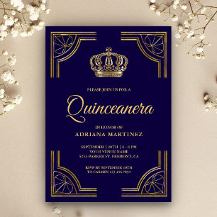 Invitation Couronne Ornée de Quinceañera Bleu Doré Vintage