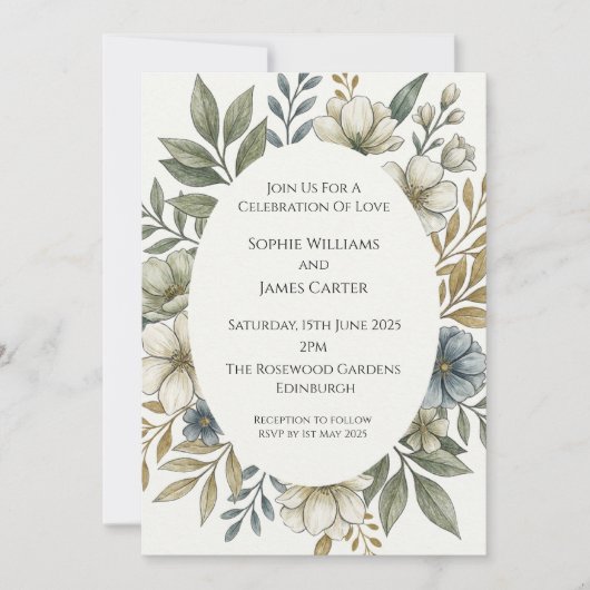 Invitation Couronne ovale florale en ivoire pour mariage aqua (Devant)