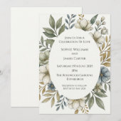 Invitation Couronne ovale florale en ivoire pour mariage aqua (Devant / Derrière)