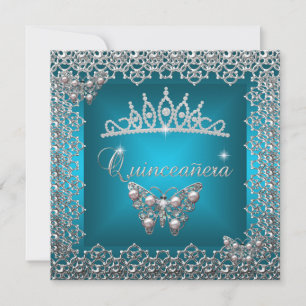 Invitation Couronne papillon argent sarcelle pour Quinceanera