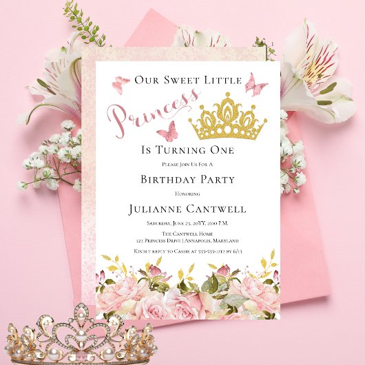 Invitation Couronne | Papillons Floral Princess 1er anniversa