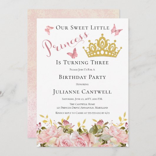 Invitation Couronne | Papillons Floral Princesse 3e anniversa (Devant / Derrière)