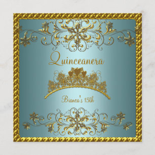 Invitation Couronne Quinceanera 15ème Bleu Sarcelle Or