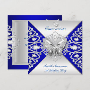Invitation Couronne Quinceanera 15ème papillon bleu argenté