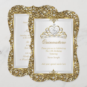 Invitation Couronne Quinceanera or Glitter perle blanche 2