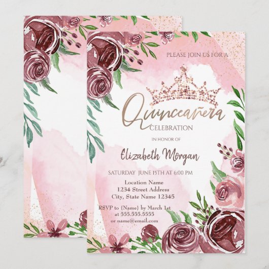 Invitation Couronne Rose de Bourgogne Quinceañera (Devant / Derrière)