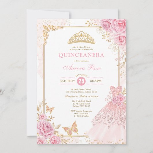 Invitation Couronne rose et or Florale Princesse Quinceañera (Devant)