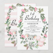 Invitation Couronne rose florale Koala Ours Anniversaire Invi (Devant / Derrière)