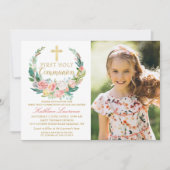 Invitation Couronne rose florale Première communion (Devant)