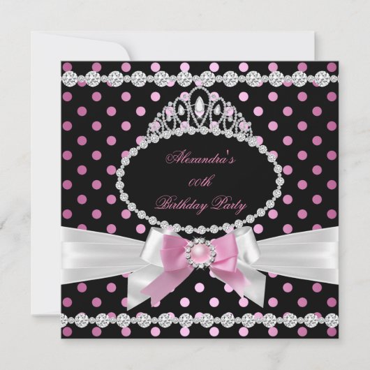 Invitation Couronne Rose Noir Blanc Points de Naissance Fête (Devant)