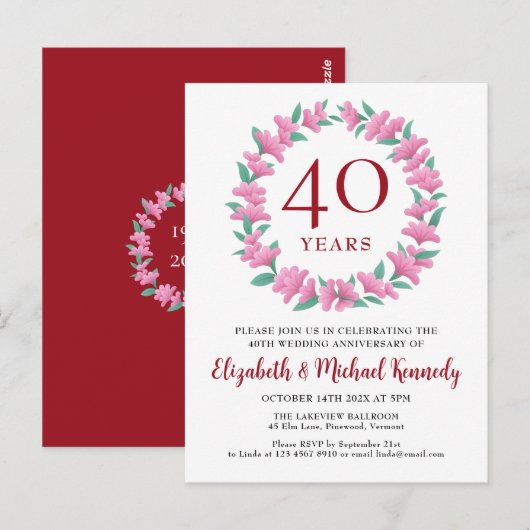 Invitation Couronne Rose Rubis Vert 40e Anniversai (Devant / Derrière)