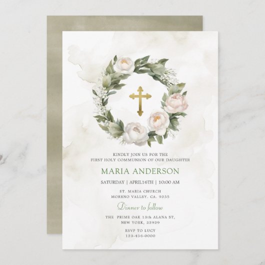 Invitation Couronne Rose Verdure Première Communion sainte (Devant / Derrière)