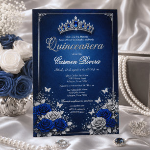 Invitation Couronne Royale Bleue et Argent pour Quinceañera E
