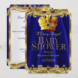Invitation Couronne royale bleue gemme or pour Baby Shower Ne