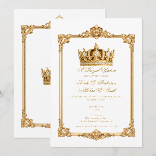Invitation Couronne Royale Couronnée d'Or Mariage Élégant (Devant / Derrière)