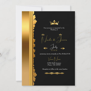 Invitation Couronne Royale Noir et Or Élégant Mariage Glamour