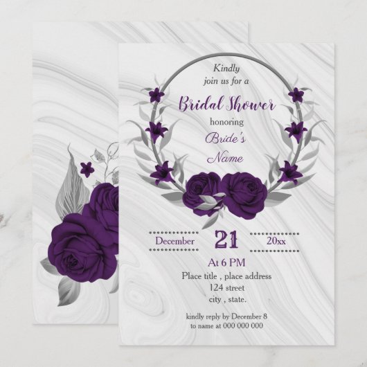 Invitation couronne royale violette argent fleurie (Devant / Derrière)