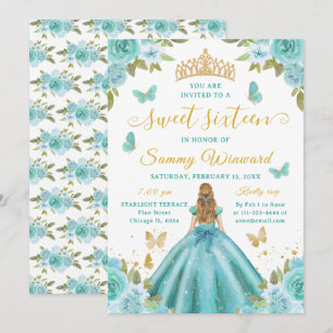 Invitation Couronne Turquoise Fleurie Or Princesse Sweet Sixt