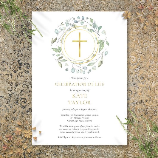 Invitation Couronne végétale de croix dorée Célébration de la