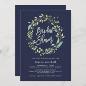 Invitation Couronne verte feuillue | Fête des mariées bleue d (Devant / Derrière)