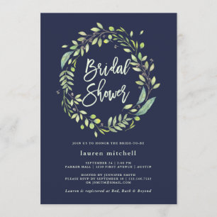 Invitation Couronne verte feuillue Fête des mariées bleue d