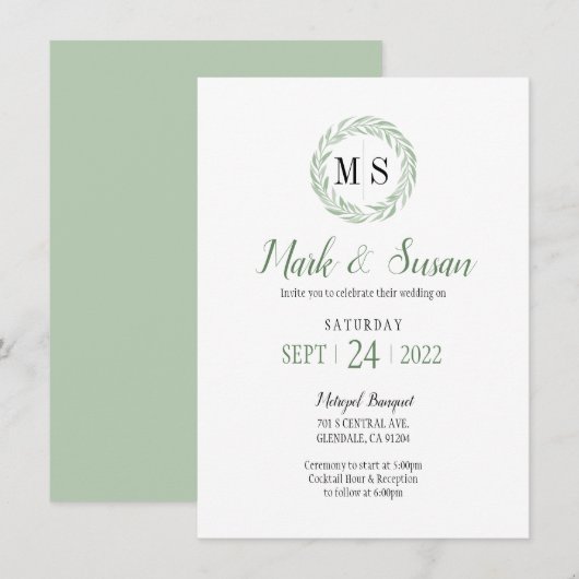Invitation Couronne verte monogramme de mariage (Devant / Derrière)