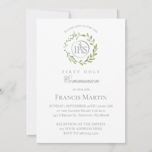 Invitation couronne verte première communion solennelle (Devant)