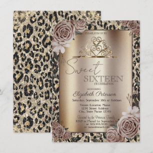 Invitation Couronnes Élégantes Roses Imprimé Léopard Sweet 16