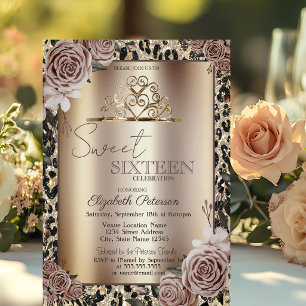 Invitation Couronnes Élégantes Roses Imprimé Léopard Sweet 16