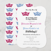 Invitation Couronnes Prince Princesse Jumeaux Fête Rose & Ble (Devant / Derrière)