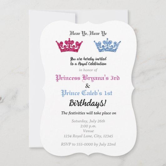 Invitation Couronnes Prince Princesse Jumeaux Fête Rose & Ble (Devant)