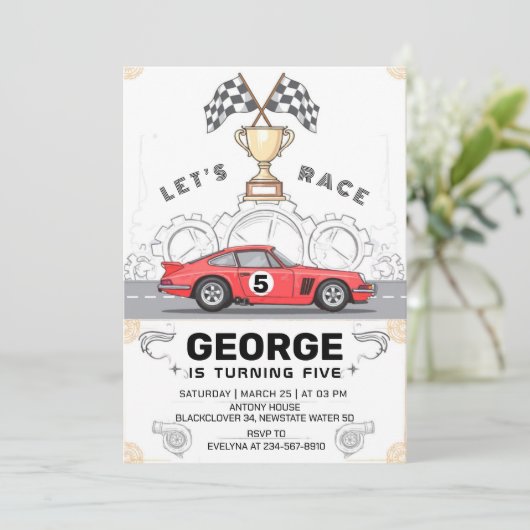 Invitation Course automobile fête d'anniversaire (Debout devant)