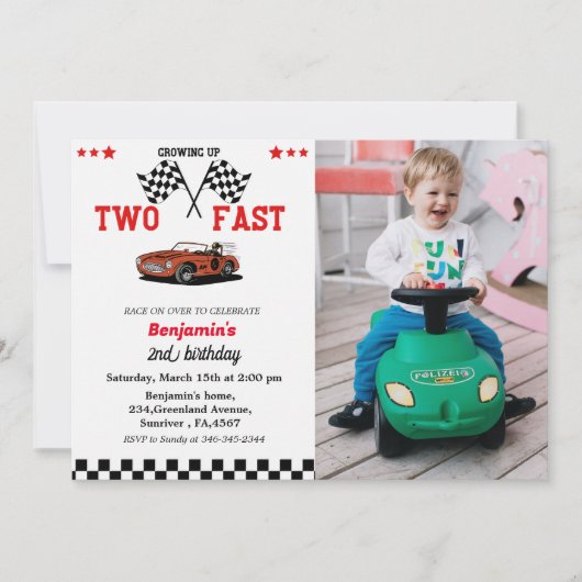 Invitation Course deux rapide voiture garçon 2e anniversaire  (Devant)