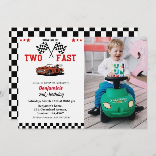 Invitation Course deux rapide voiture garçon 2e anniversaire  (Devant / Derrière)