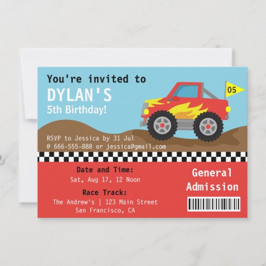 Invitation Course Monster Truck Party, Boys Admission Ticket (Devant)