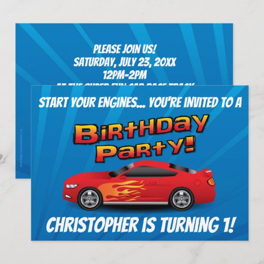Invitation Course Red Race Car Flames Boy's Birthday Party (Devant / Derrière)