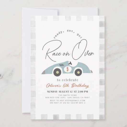 Invitation Course sur Blue Race Car Boy Anniversaire (Devant)