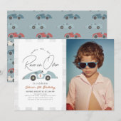 Invitation Course sur Blue Race Car Boy Photo Anniversaire (Devant / Derrière)