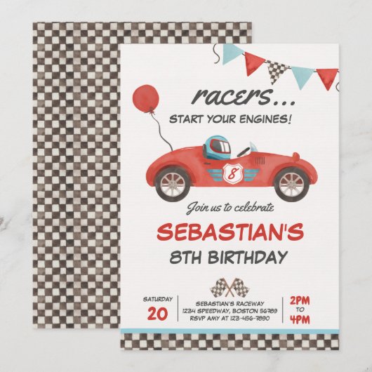 Invitation Course Voiture Anniversaire Red Racing Track Anniv (Devant / Derrière)